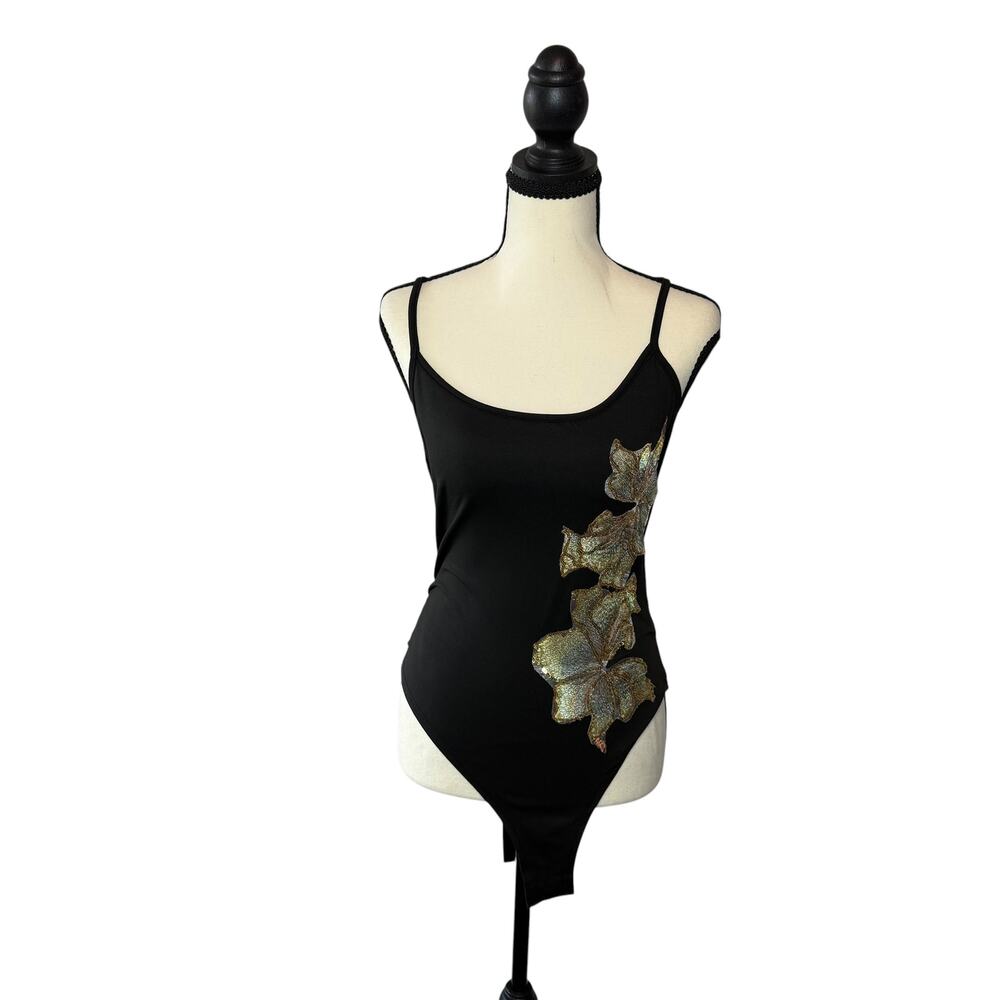 SHEIN Black Floral Applique Spaghetti Strap Bodysuit Women's M Stretch